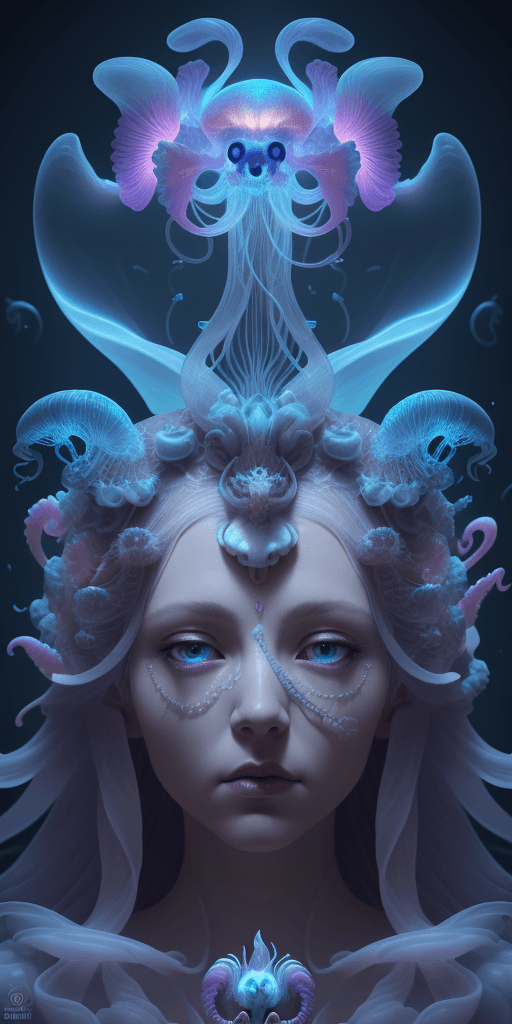 AI generated: Goddess close-up portrait ribcagel. jellyfish phoenix head, nautilus, orchid, skull, betta fish, bio...