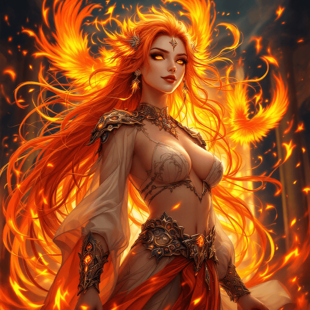 AI generated: 30. The Phoenix Archmage: A powerful sorceress with long, flowing, vibrant orange hair that seems to...