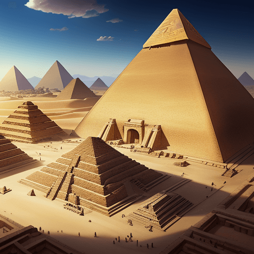 AI generated: background, landscape, ancient Egypt, market area, giant pyramids, daylight, fine line : 2d game art...