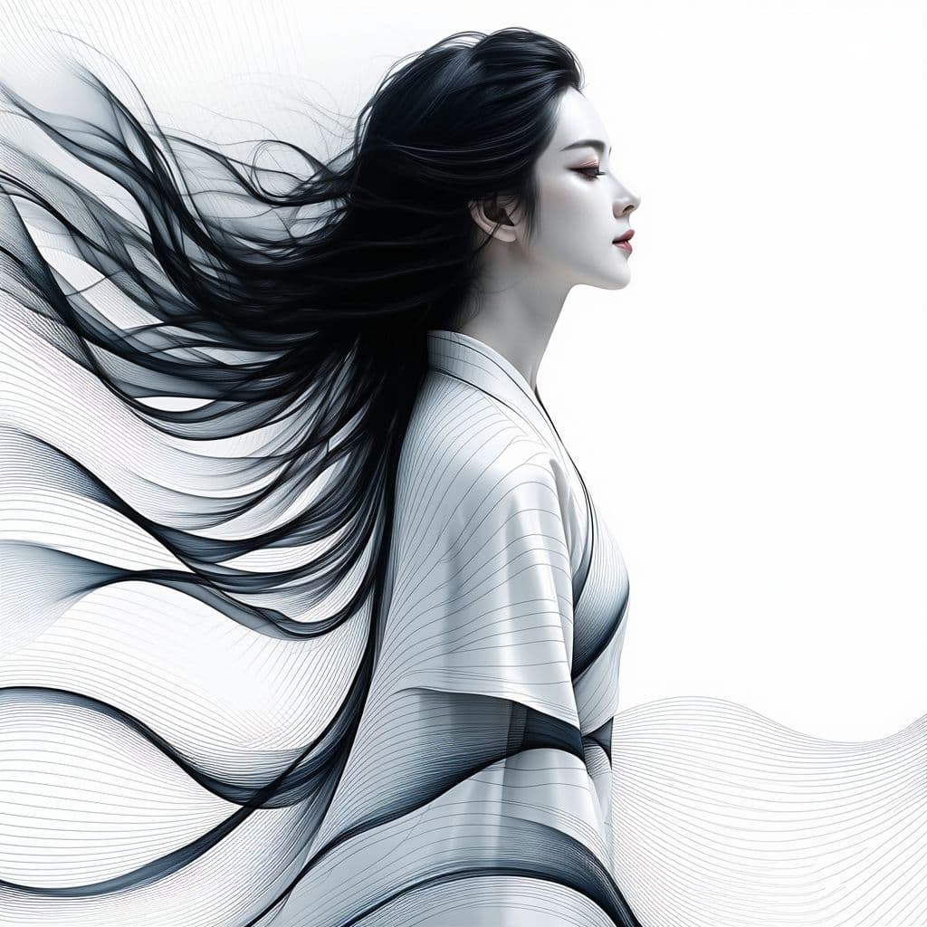 AI generated: An image of  a woman with flowing black hair and fair skin. She has a serene expression and is gazin...