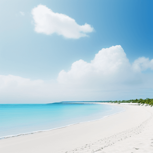 AI generated: Create the image of a deserted beach with white sand and blue sea.
The sky is clear, very blue with ...