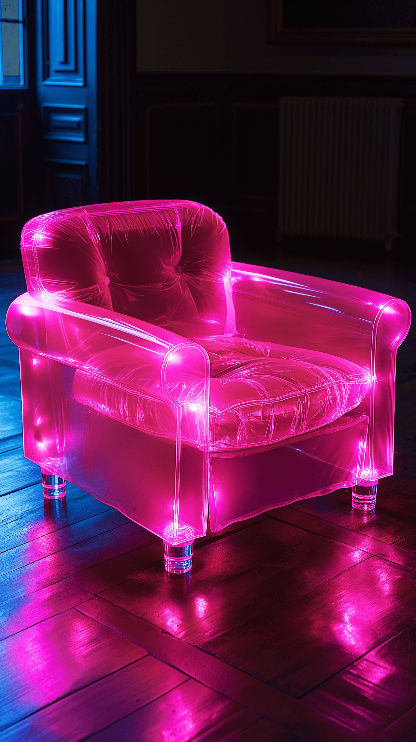 AI generated: productive photography, front view, small fluffy couch, transparent fluorescent magenta vinyl materi...