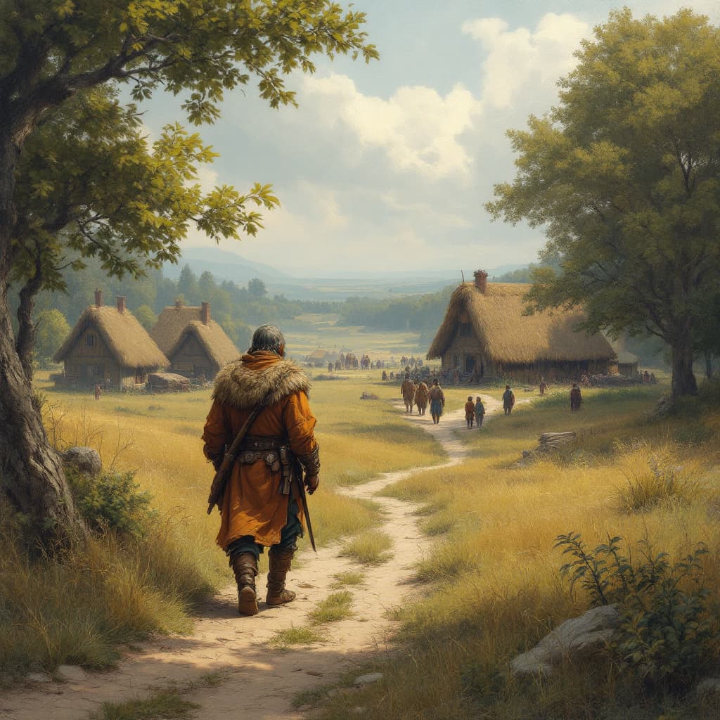 AI generated: Roland of Gilead on a trail approaching a small village with thatch roofs and people about. 
