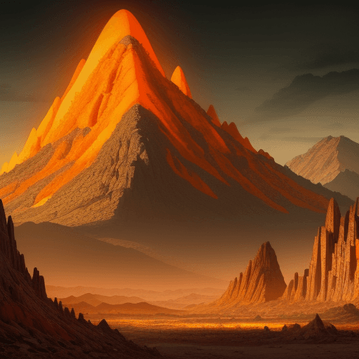AI generated: Wasteland landscape, Lime color, Gigantic mountainThe whole mountain is glowing intensely orange, or...