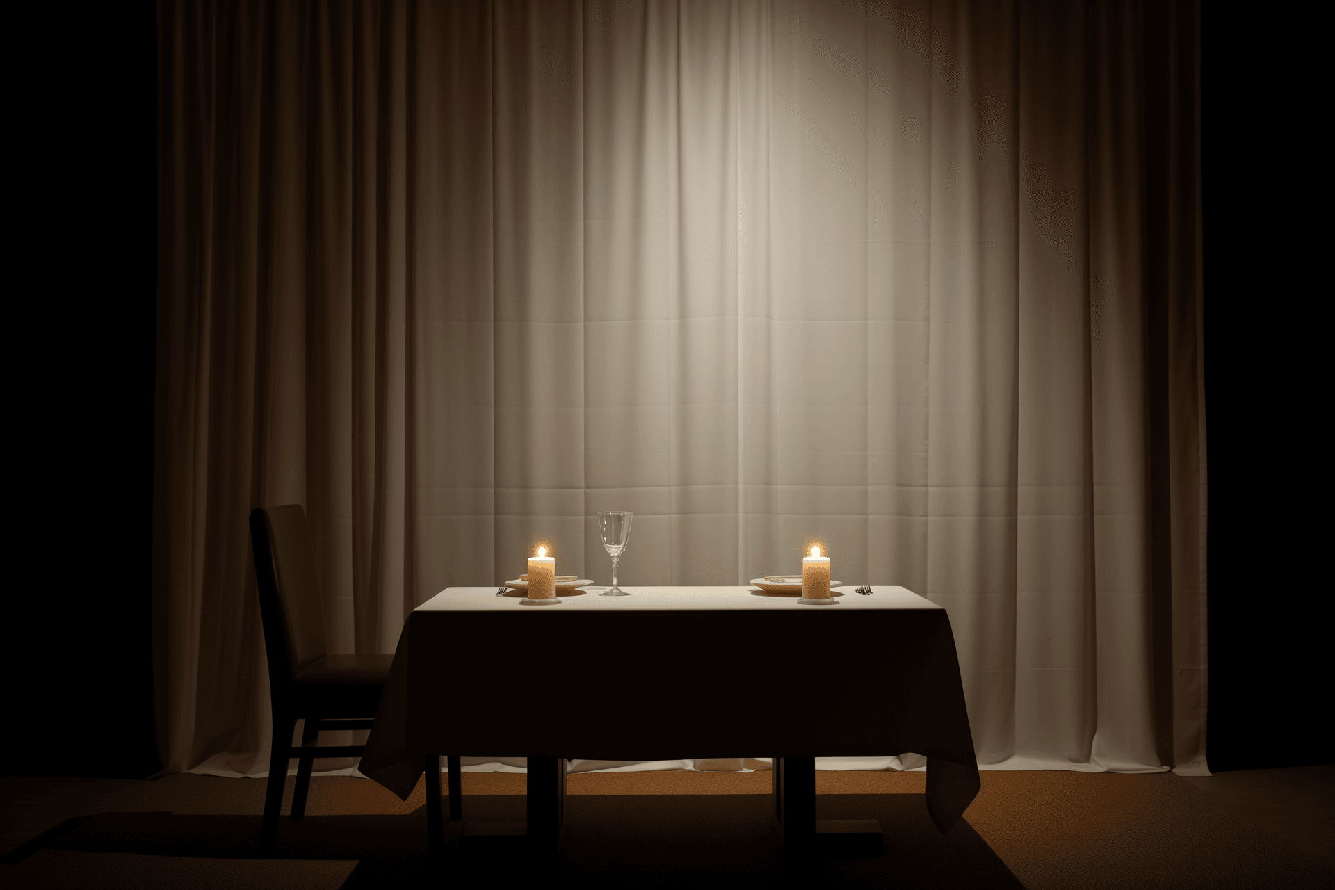 AI generated: A photograph of an empty table with white linen in the center, set against a wall paneling backgroun...