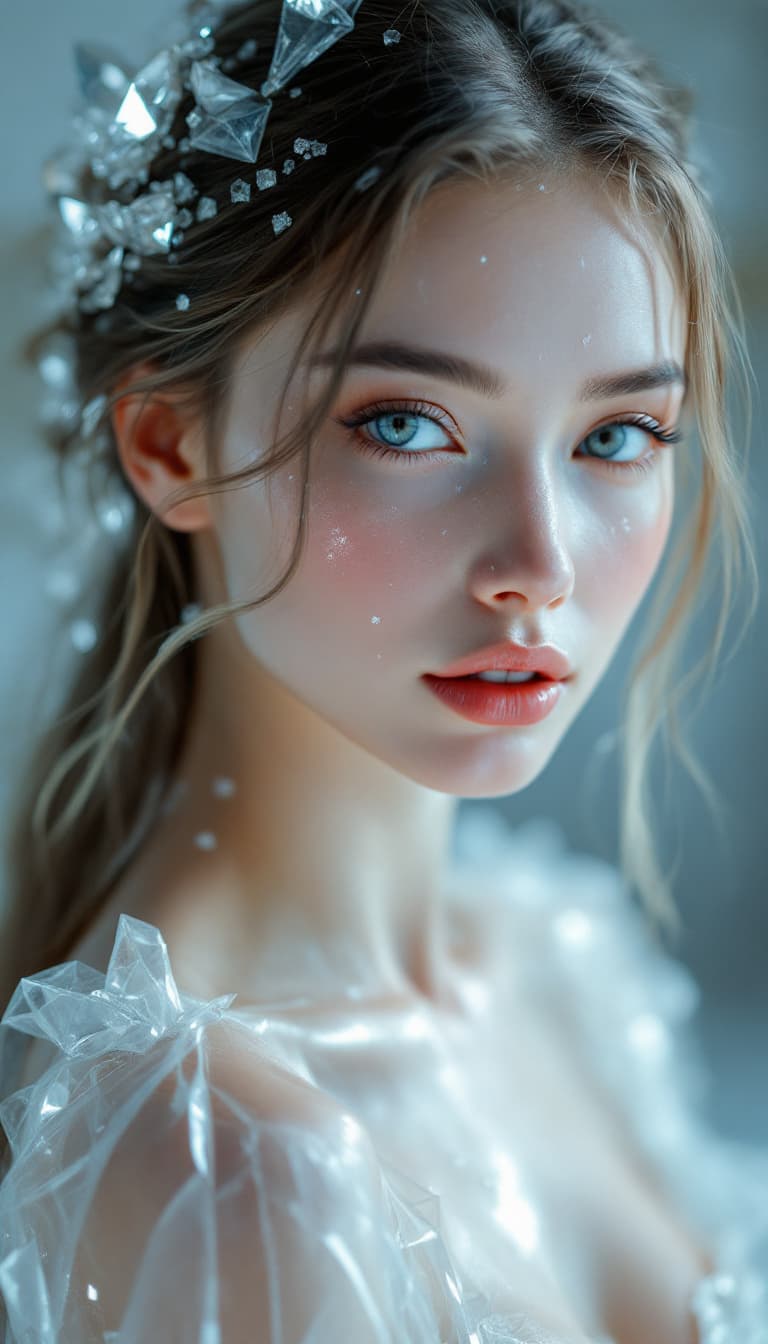 AI generated: Beautiful, long hair, woman with skin made entirely of delicate crystal texture, ethereal look, diam...