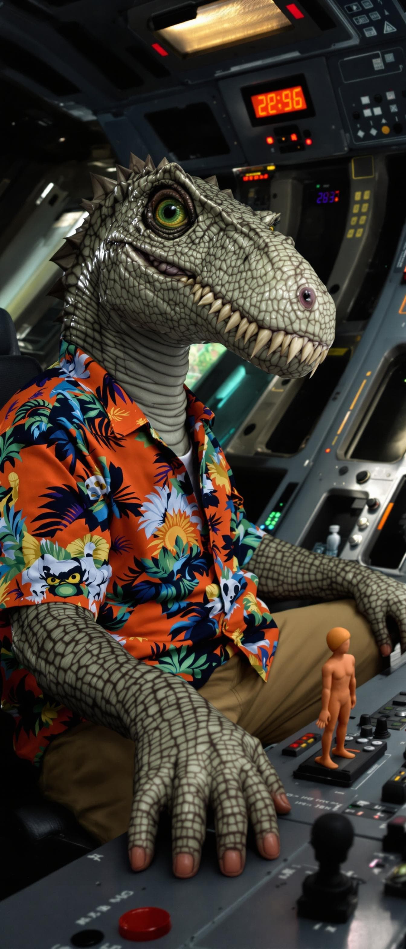 AI generated: Close-up portrait of a male dinosaur anthropomorphic with green grey skin, intelligent green eyes. H...