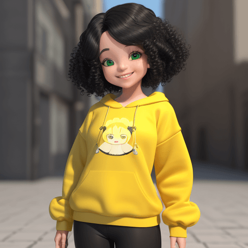 AI generated: small girl, 3D, 8k, curly hair, black hair, smiling, looking ahead, front scene, yellow sweatshirt, ...