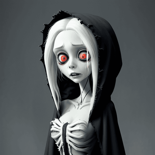 AI generated: Banshee spirit, crying and screaming girl, big head, skinny body, very big eyes, white hair, red cir...