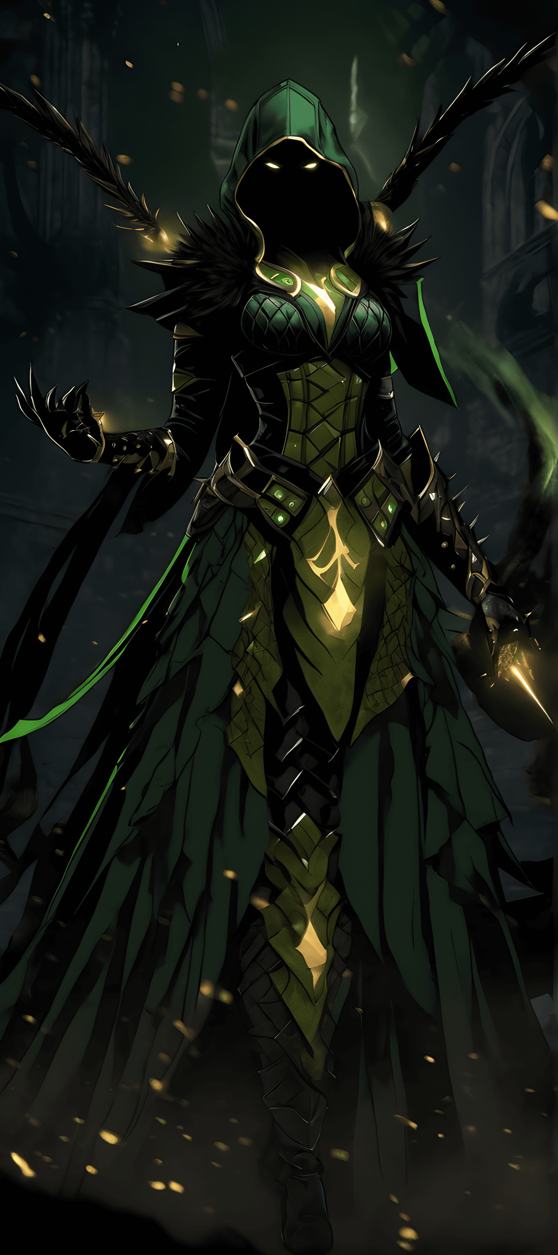 AI generated: Ultra-fine digital photoart of D'Vorah from Mortal Kombat, armored silhouette, high heel wedges blac...