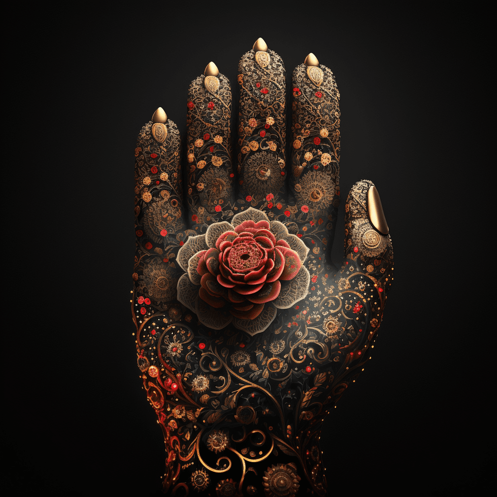 AI generated: realistic five finger human hand made of paisley art red and skin tones, gold bubbles stacked on it,...