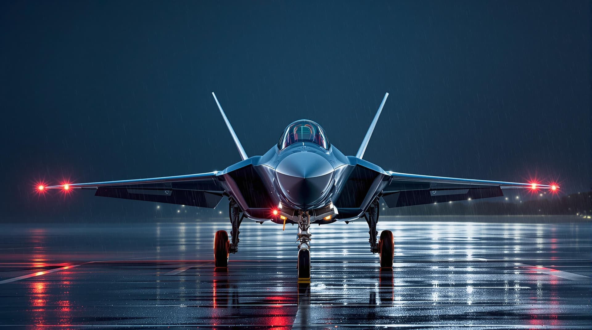 AI generated: A highly realistic F35 fighter jet sat on the ground at RAF Marham in the rain, wet ground with refl...