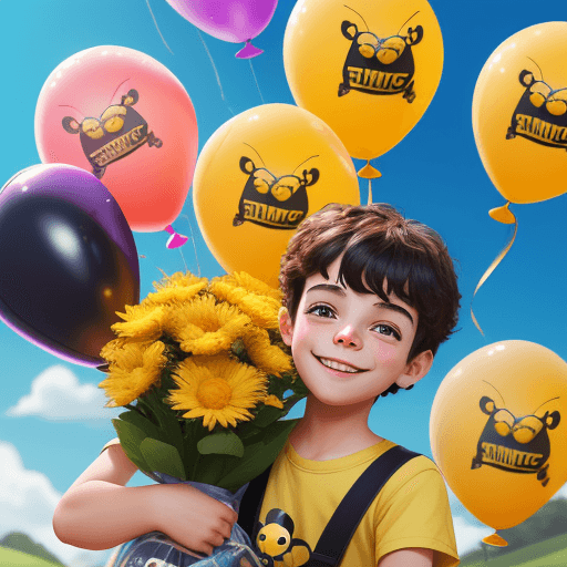 AI generated: cute, adorable, a young boy bumblebee with a huge smile holding a bunch of colorful balloons, iSetti...