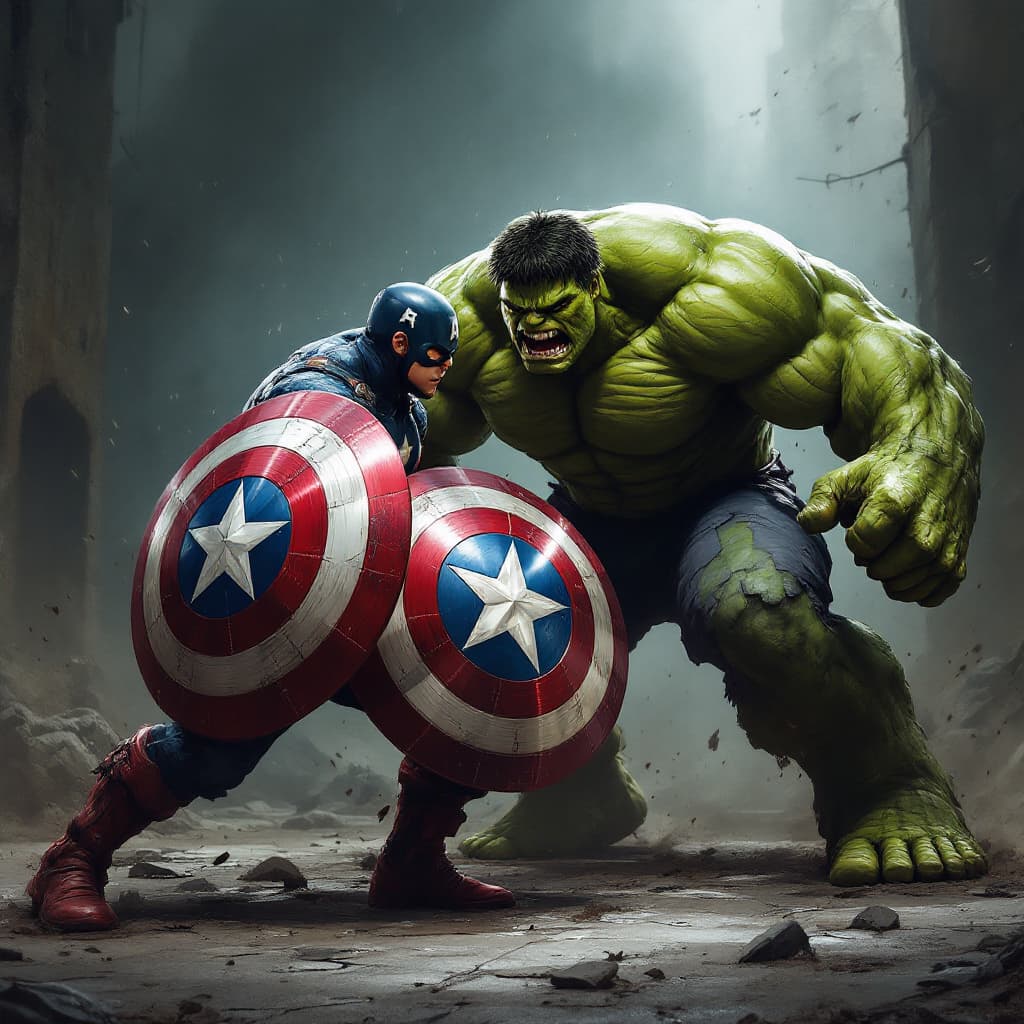 AI generated: captain america hit hulk with shield --style raw
