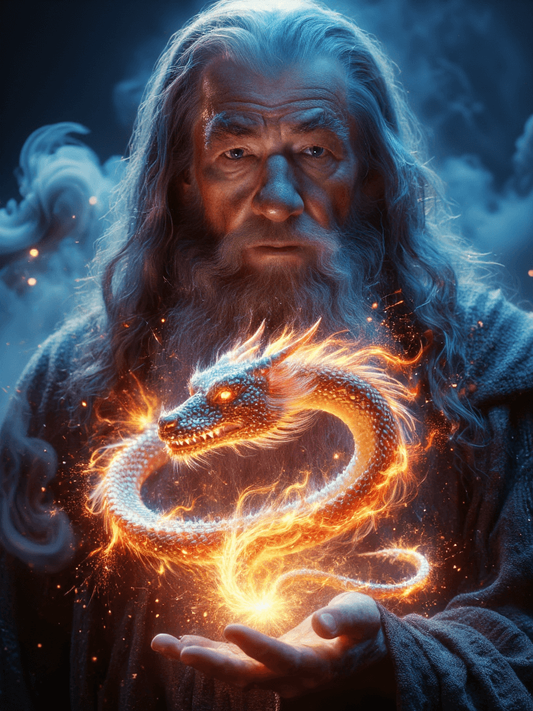 AI generated: A close-up, cinematic painting of Gandalf the Grey, captured from the chest up with a focused, intim...