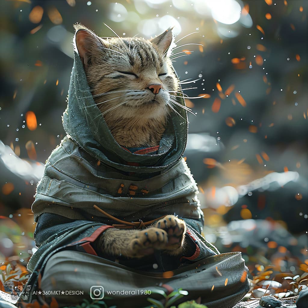 AI generated: a close-up of a realistic anthropomorphized cat paw dressed in ninja attire is meditating in a tranq...