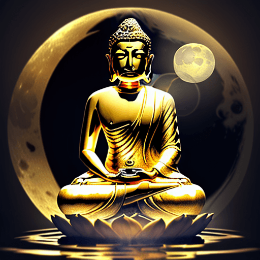 AI generated: beautiful golden image of buddha sitting in water with bright full moon hanging in the sky, in the s...