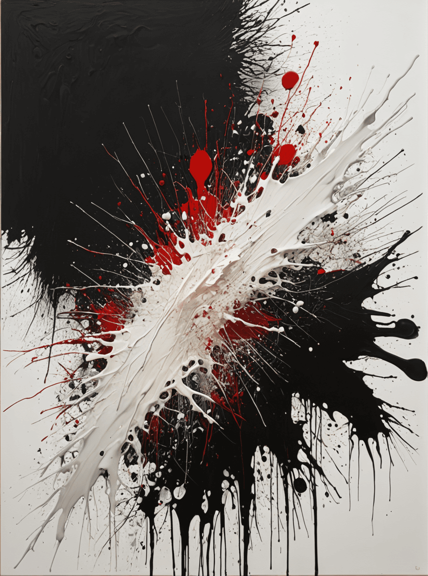 AI generated: a black and white painting, gutai group, pat steir, hermann nitsch, cai guo-qiang, on the art contem...