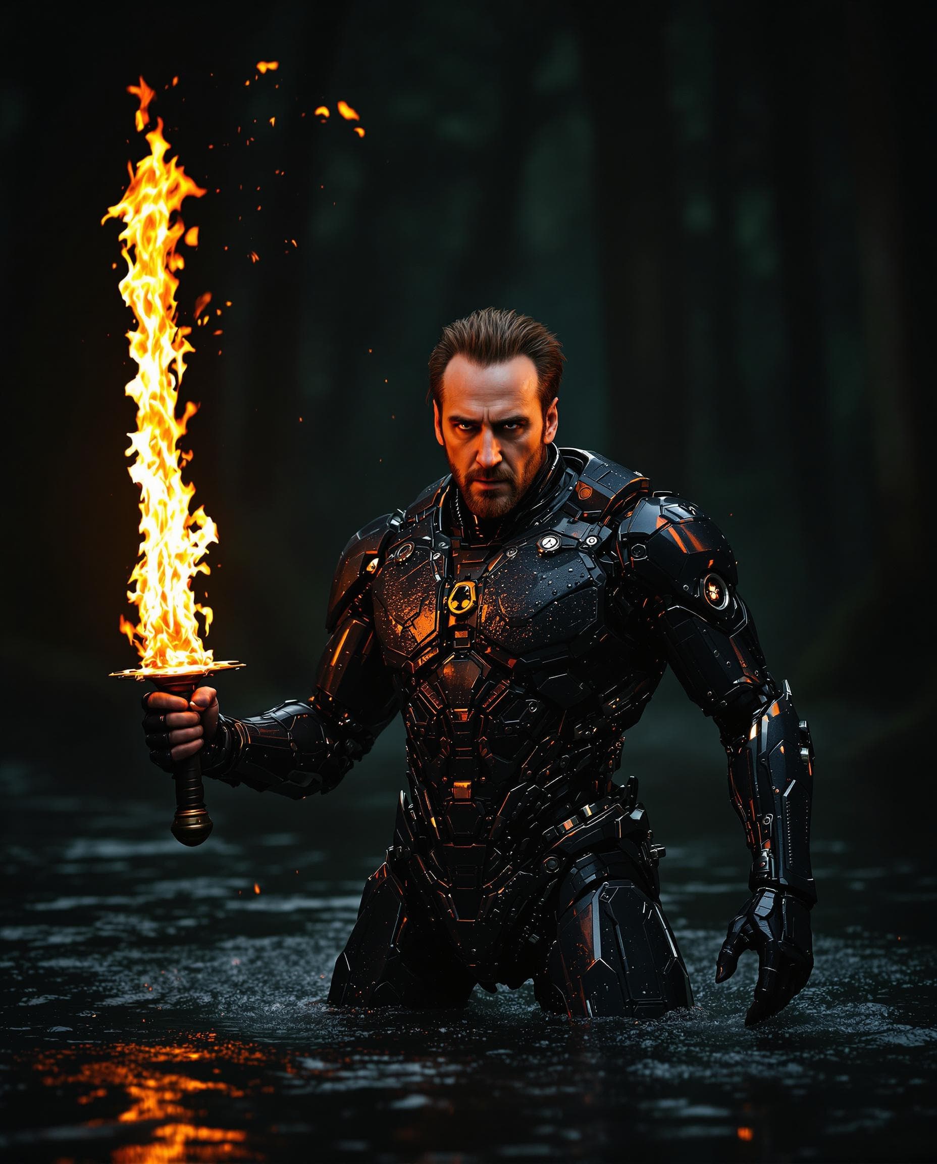 AI generated: The real photo is of a American powerful man Nicolas Cage, with a futuristic cybernetic robot body, ...