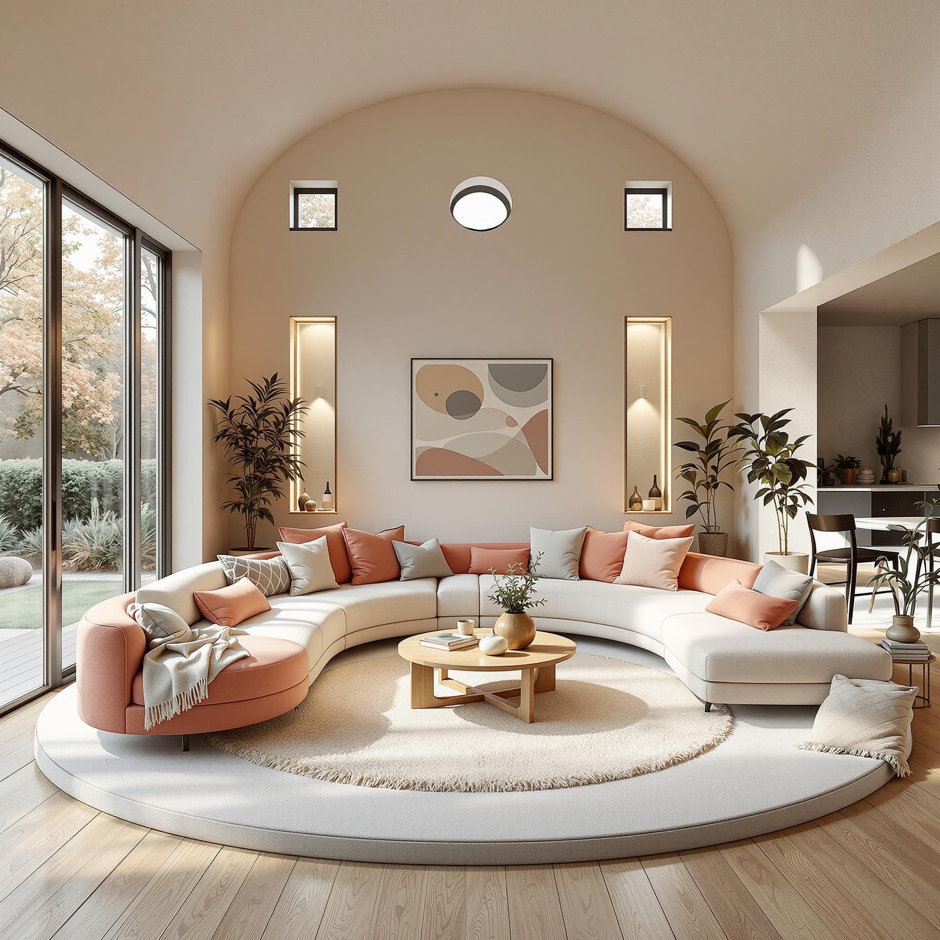 AI generated: High resolution photography interior design, dreamy sunken living room conversation pit, wooden floo...