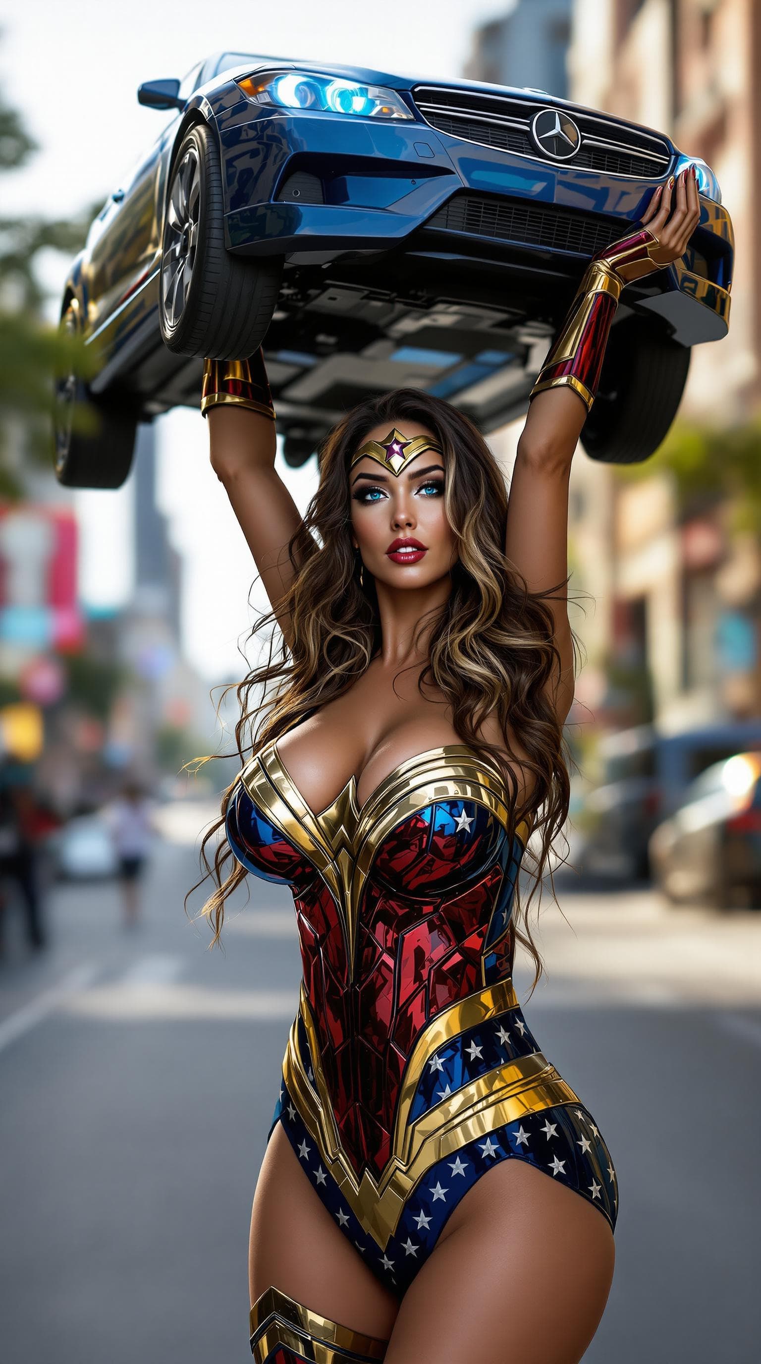 AI generated: full body side view, portrait of a photo-realistic beautiful curvy 38-year-old female with long wavy...