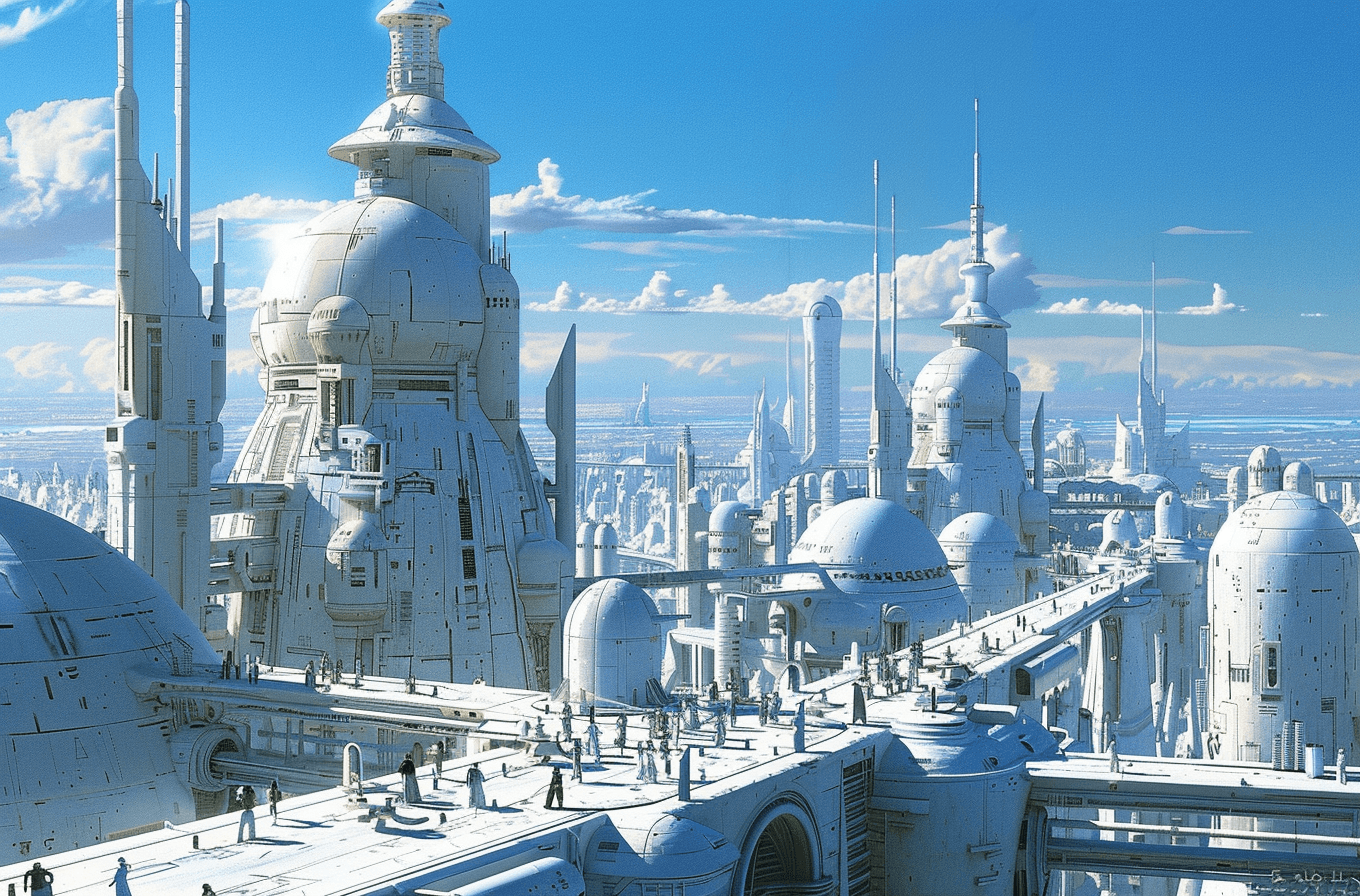 AI generated: concept art of an industrial city with large white domes and towers, blue sky, people on the roof, i...
