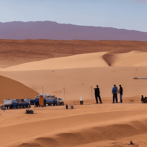 AI generated: A group of Moroccan scientists in the desert searching for water using an advanced device, testing c...