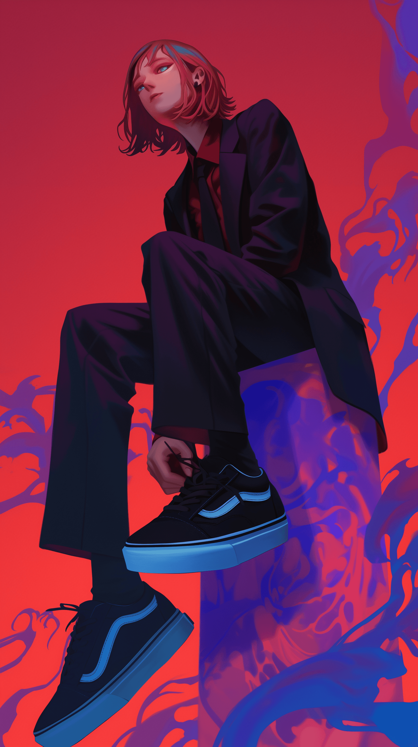 AI generated: illustration art, side full body, tilt up, female model, bloody red hair, head 45degree and gaze to ...