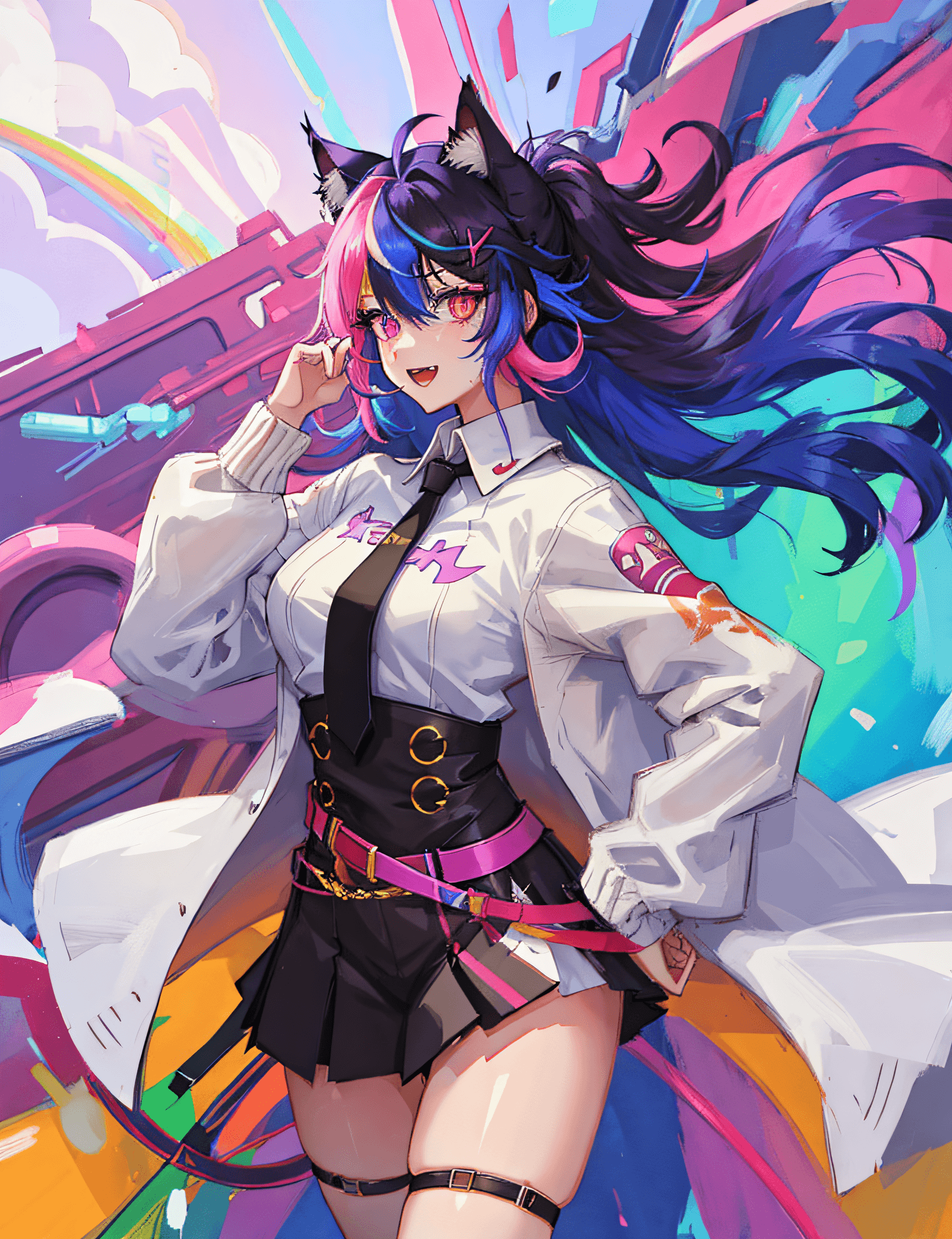 AI generated: masterpiece, best quality, 1girl, solo, catra in a suit, messy hair, heterochromia, full body