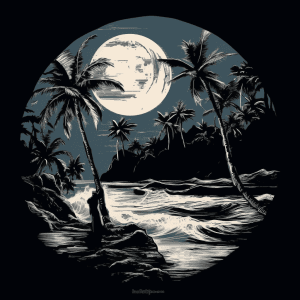 AI generated: A serene beach painting, crashing waves, palm trees, vector, tshirt illustration, by William Kentrid...