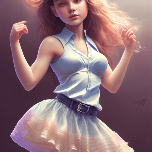 AI generated: image of a preteen small waist, big boobs, big ass, big legs, wearing skirt by Stanley Artgerm lu