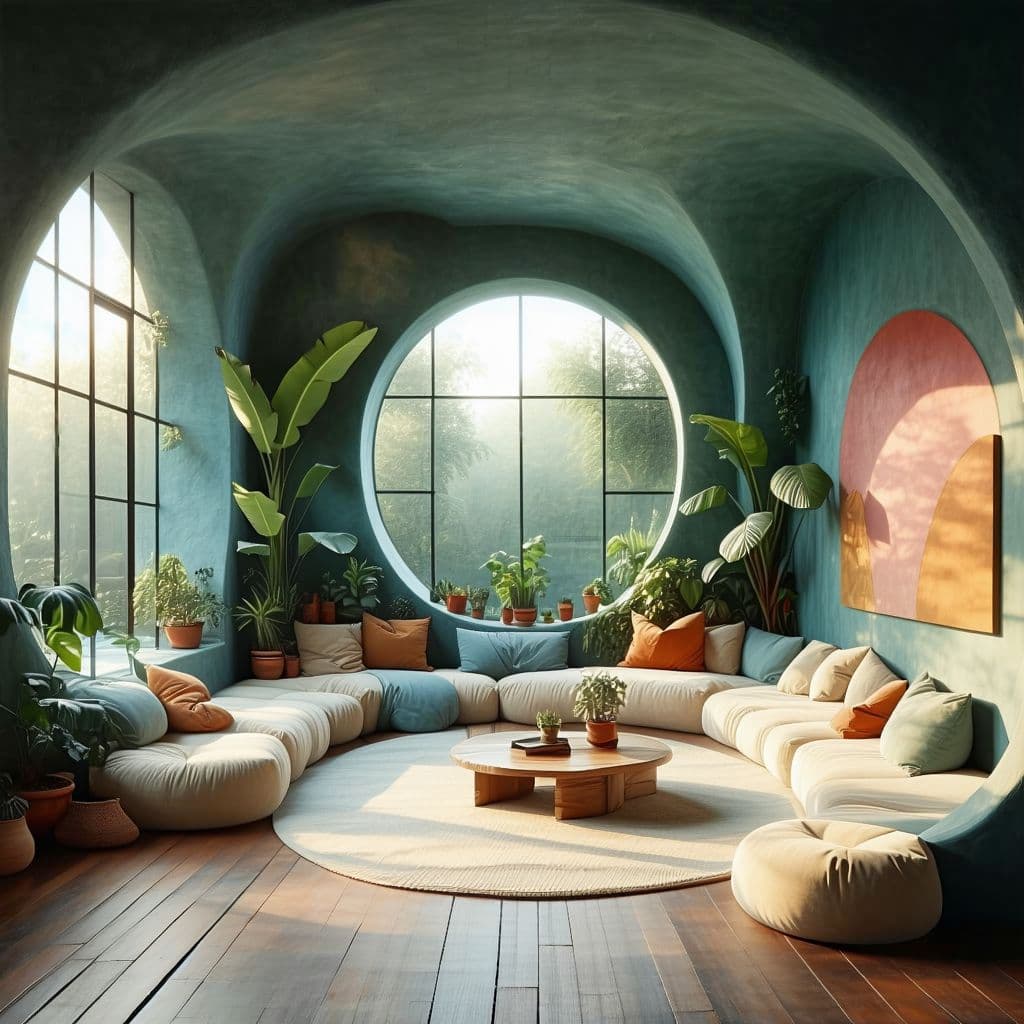 AI generated: High resolution photography interior design, dreamy sunken living room conversation pit, wooden floo...
