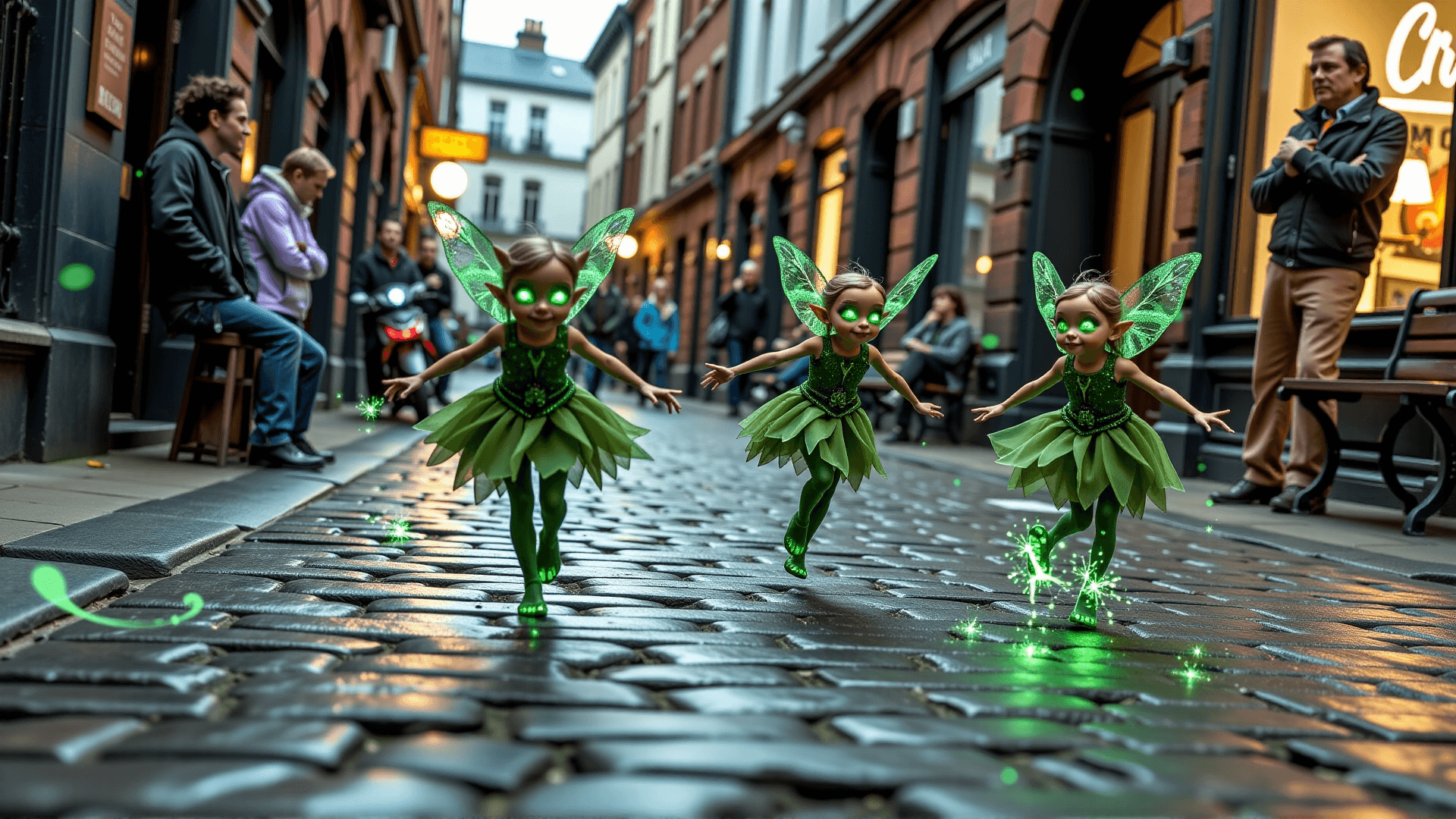 AI generated: Small, agile urban fae (with glowing emerald eyes, in modern, subtly shimmering attire) dance with i...