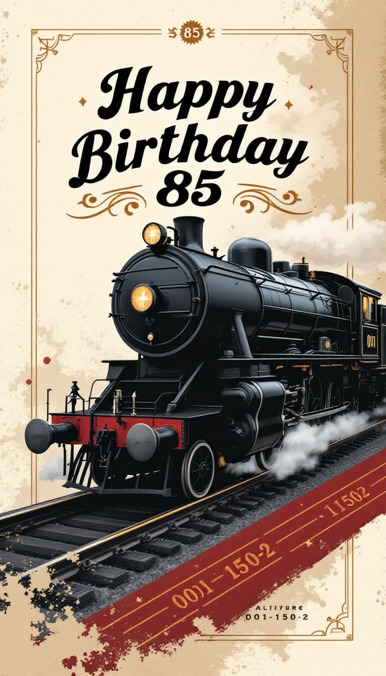 AI generated: Create a birthday card design featuring a vintage black steam locomotive numbered 001 150-2 as the m...