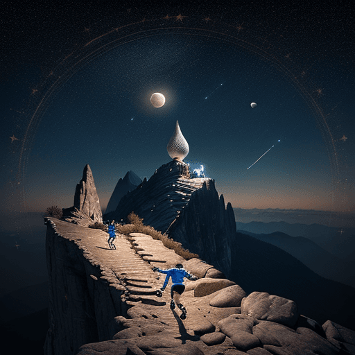AI generated: boy running acorss a mountain top, 2 moons and a starry night in the background, intricate details, ...