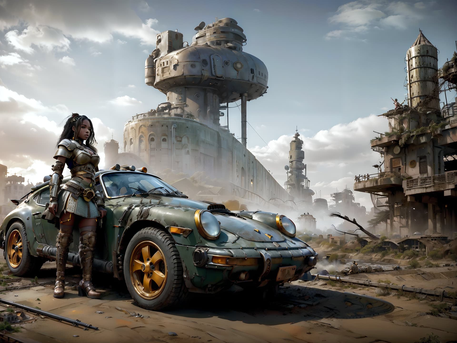 AI generated: <lora:911SD:0.6> masterpiece, photo of a (((beautiful female african warrior))) in a steampunk unifo...