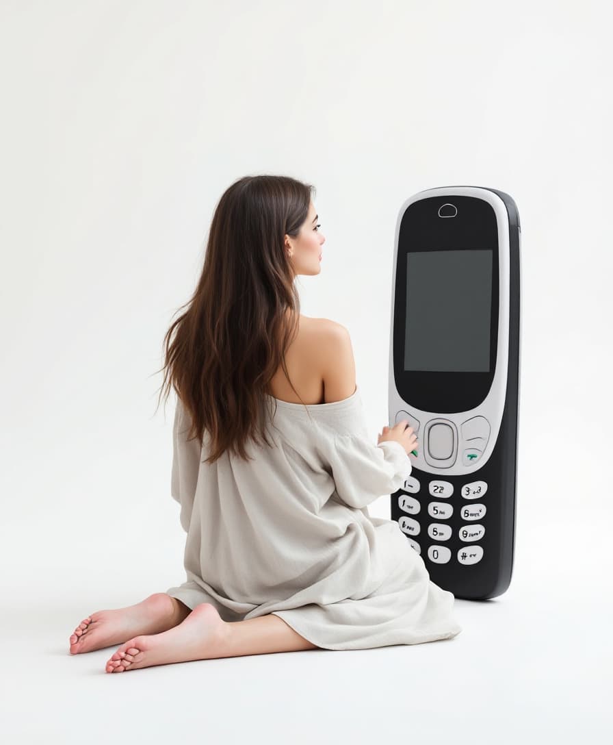 AI generated: A conceptual studio shot on a white background features a young, fair-skinned woman with long, dark ...