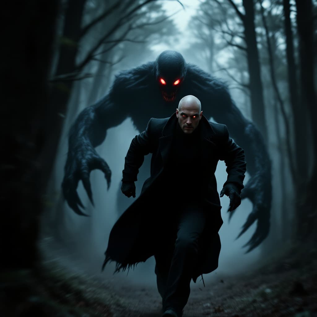 AI generated: Create an image of a tall, bald man in a black coat running away from a terrifying monster in a dark...