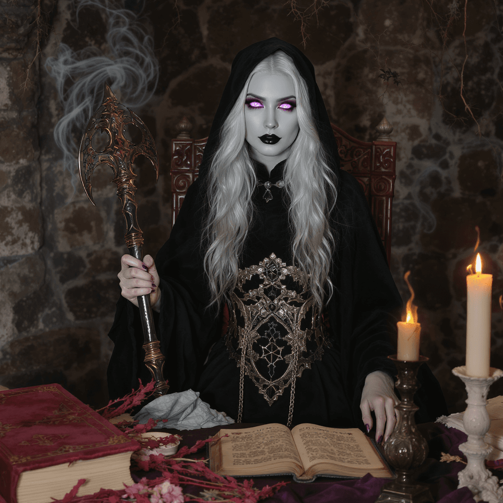 AI generated: “Femme sorcière aux cheveux argentés flottants, robe noire ornée de runes, yeux brillants de magie v...