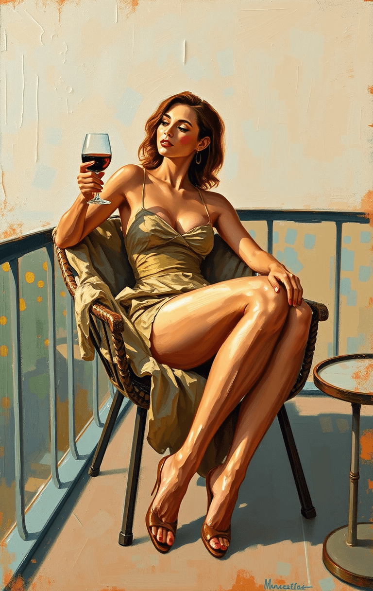 AI generated: This painting depicts a woman sitting on a balcony or terrace, enjoying a glass of wine. The scene e...