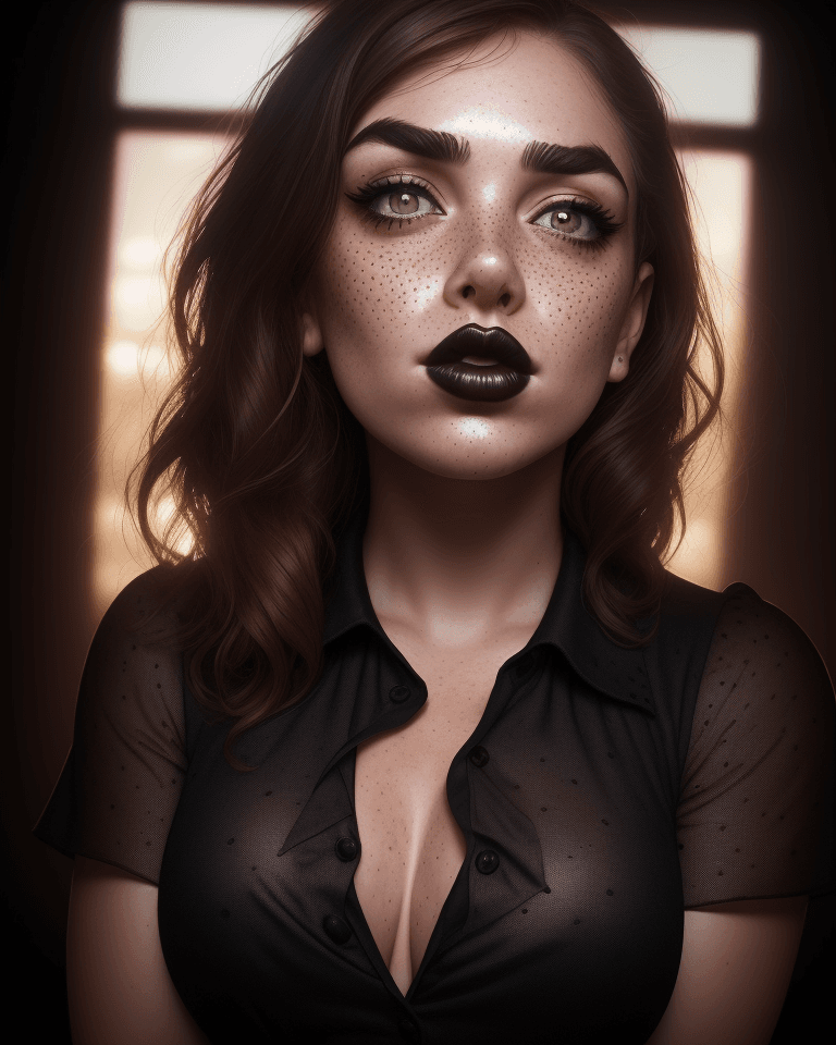 AI generated: a women blowing a kiss, freckles, thick eyebrows, dark lipstick, open blouse, hipster astatic, drama...