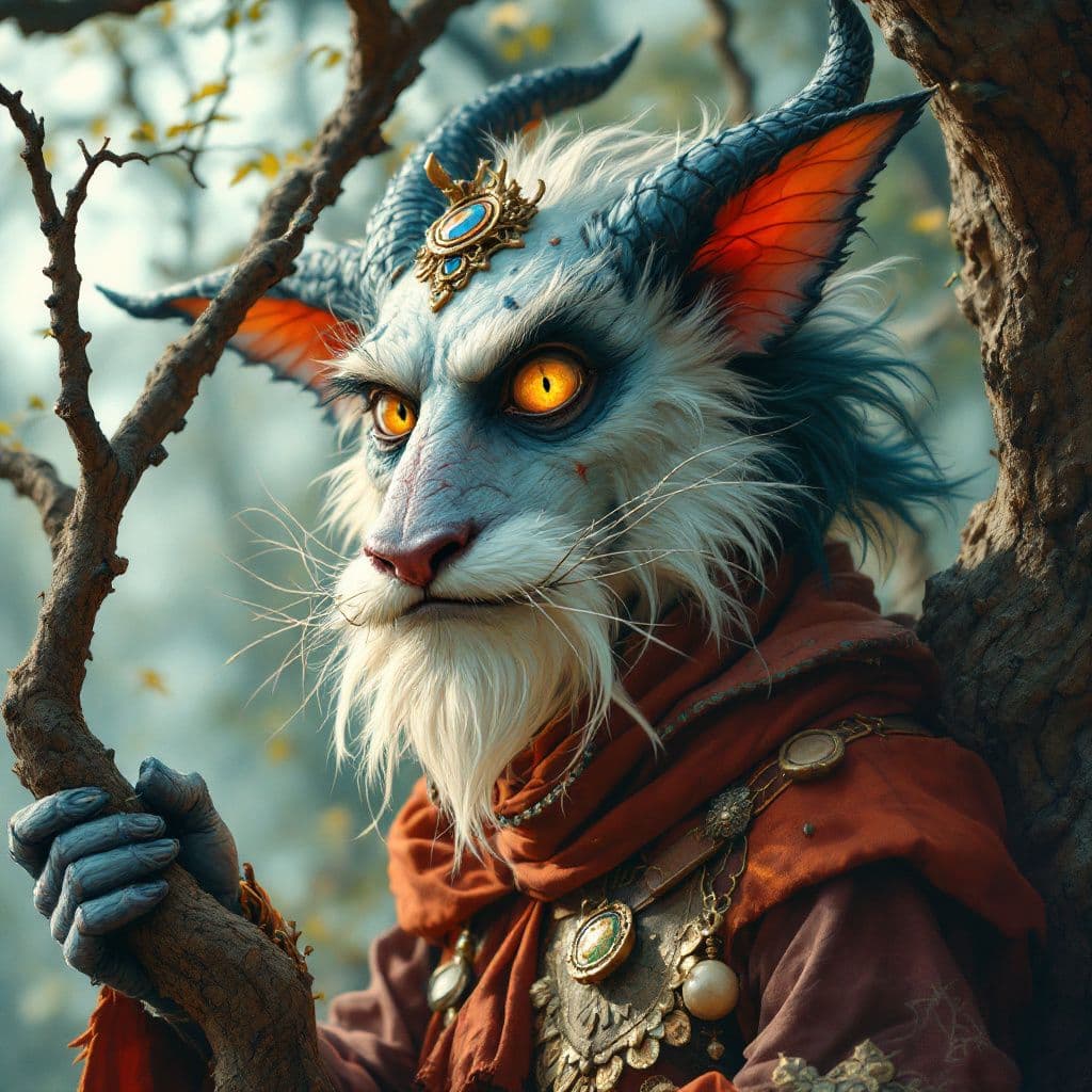 AI generated: A portrait of a folklore character, such as a sly trickster or a benevolent spirit. The style is rem...