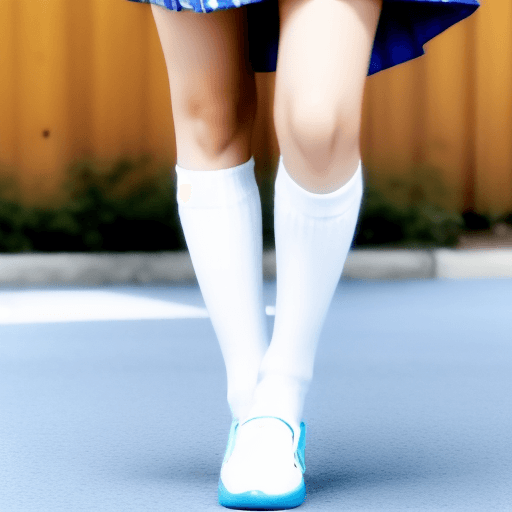 AI generated: hiyori momose wearing a white i shirt and a bleu plaid skirt and long white socks walking