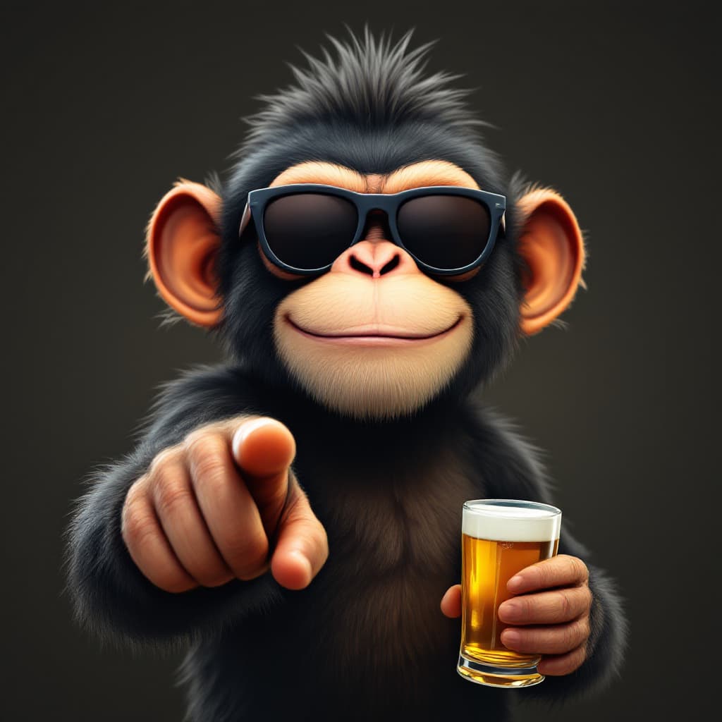 AI generated: A smiley monkey with dark glasses and a beer in hand pointing towards the camera