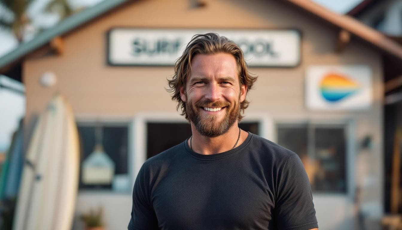 AI generated: A surf school owner, that is a 40 year old surfer, in front of his surf school.