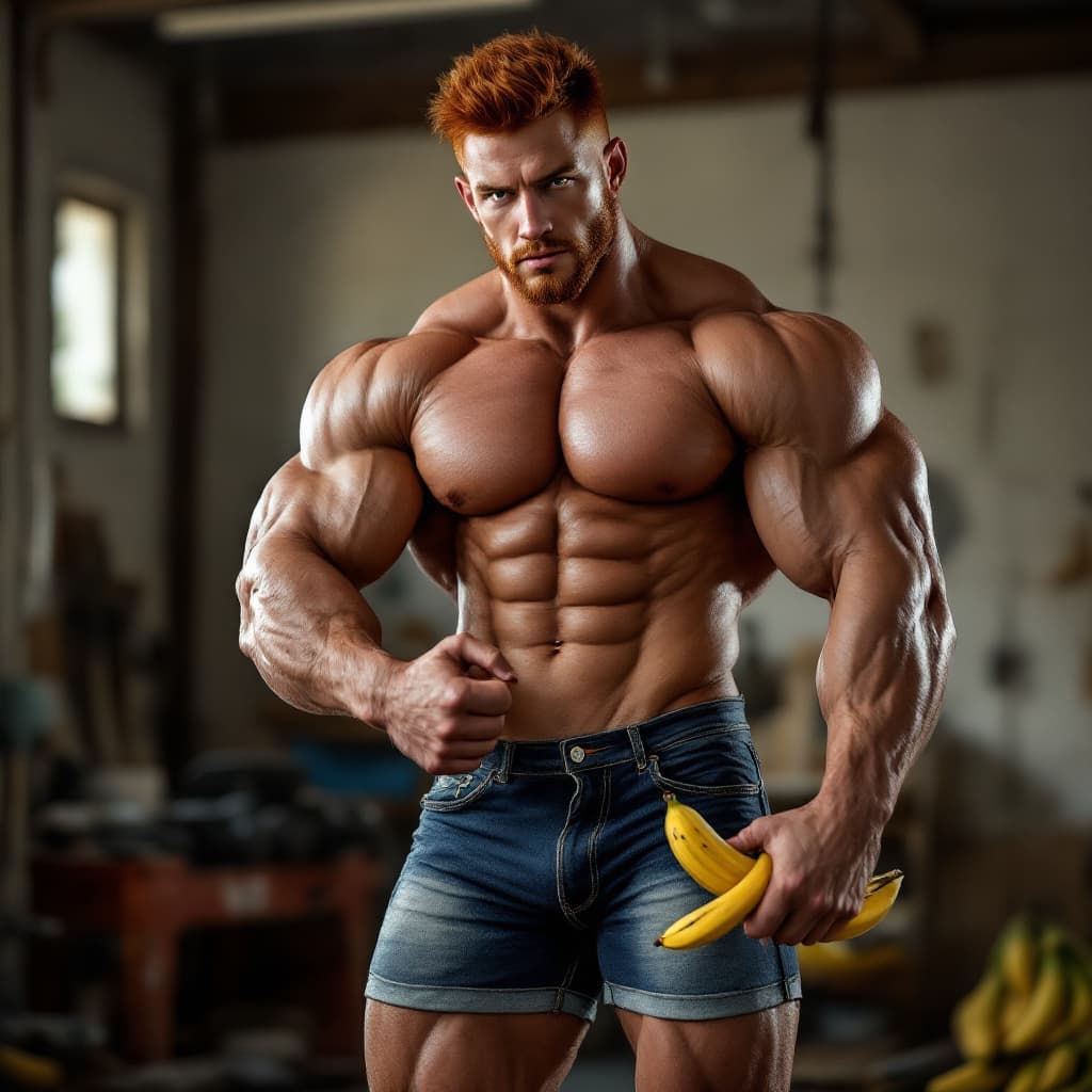 AI generated: Photorealistic image of a handsome male 25-year-old bodybuilder, with huge muscles, with pale red ha...