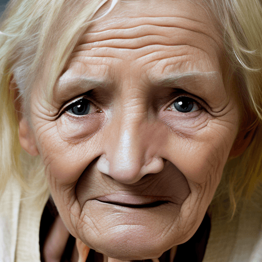 AI generated: Avatar  old woman with blonde hair very short, Brown eyes locked on camera lens, short image 
