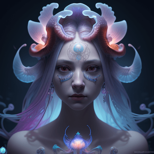 AI generated: Goddess close-up portrait ribcagel. jellyfish phoenix head, nautilus, orchid, skull, betta fish, bio...