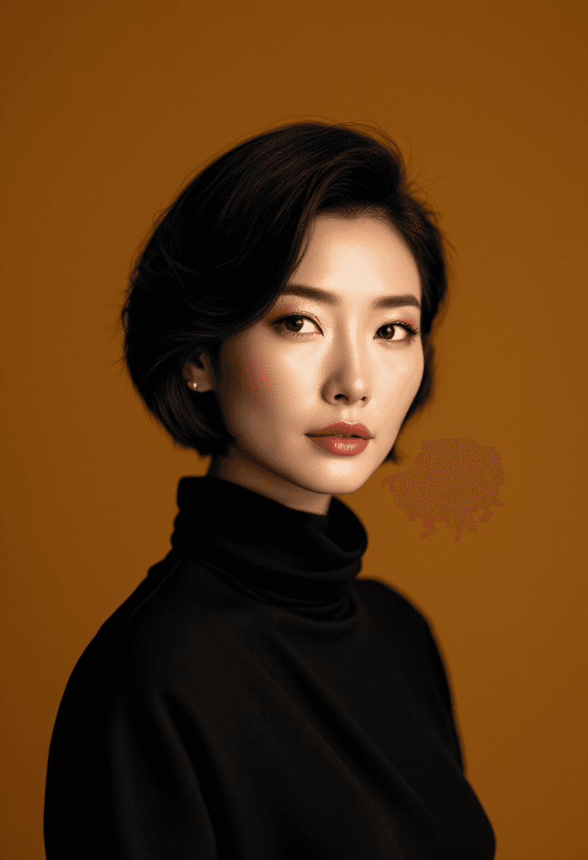 AI generated: High-fashion portrait of a older middle-aged Chinese woman with short hair swept back, structured vo...
