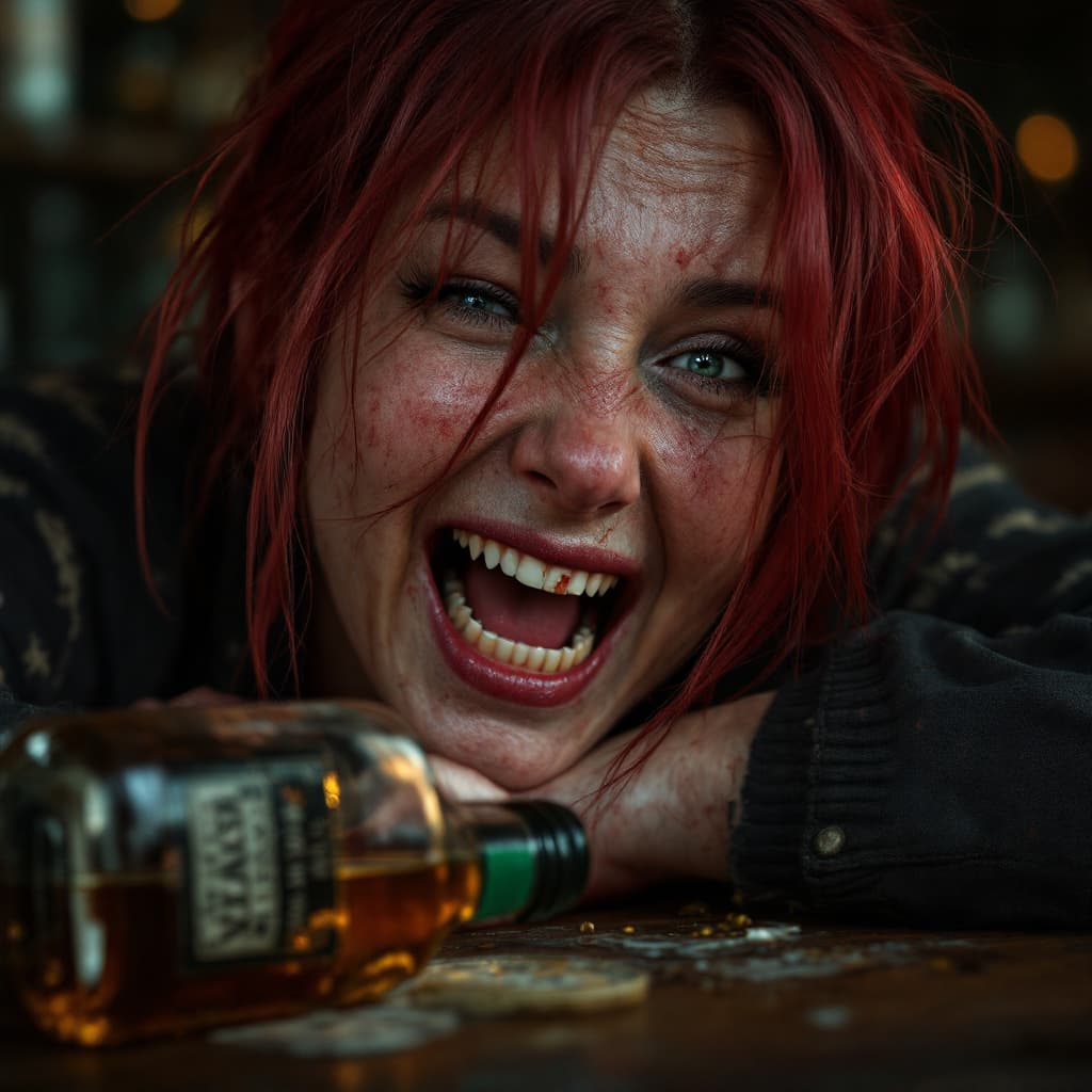 AI generated: a woman with red hair sticking out, She sits and laughs and winks at me, drunk,bar, a realistic grit...